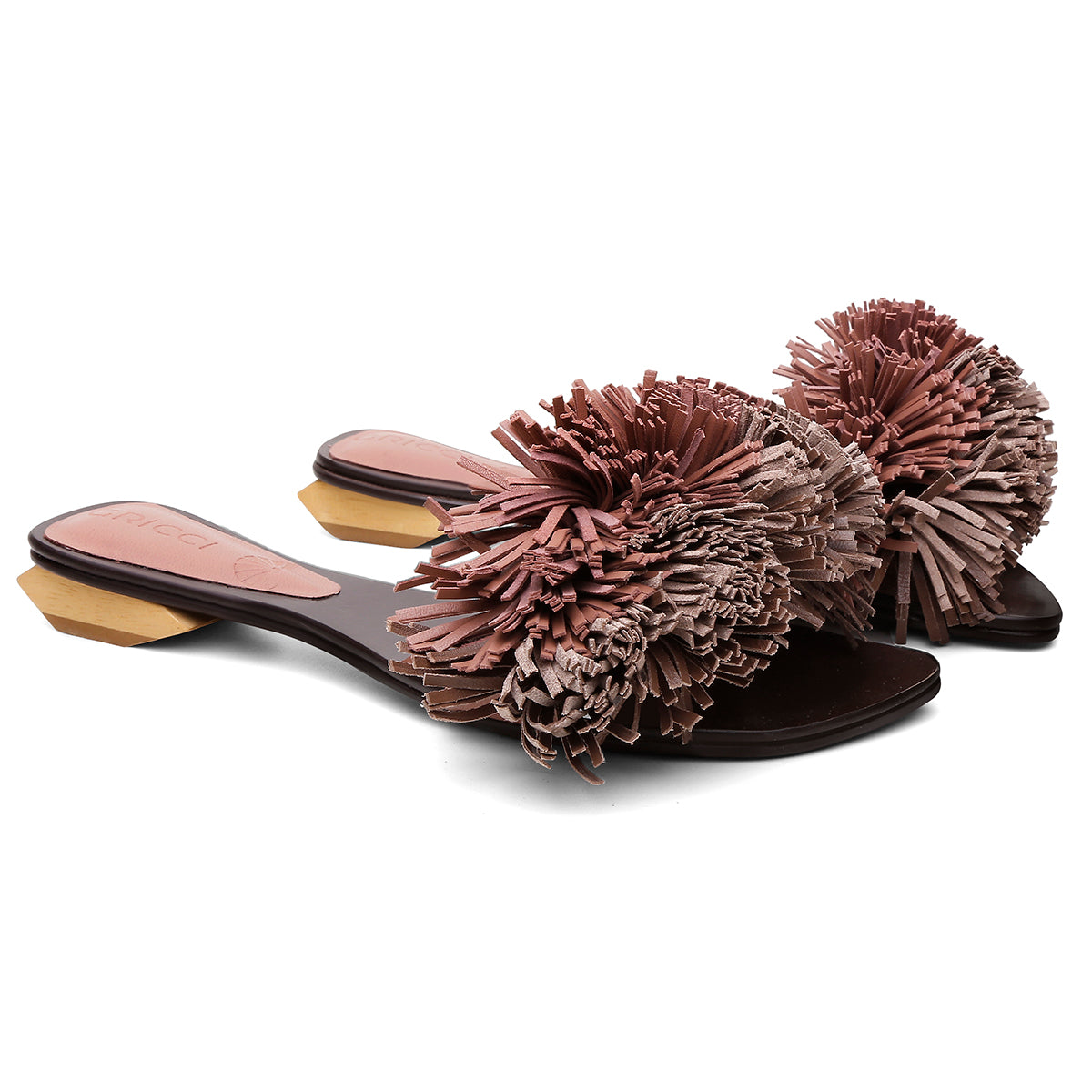 Rasteira Pompom Franjas Rosé Antigo