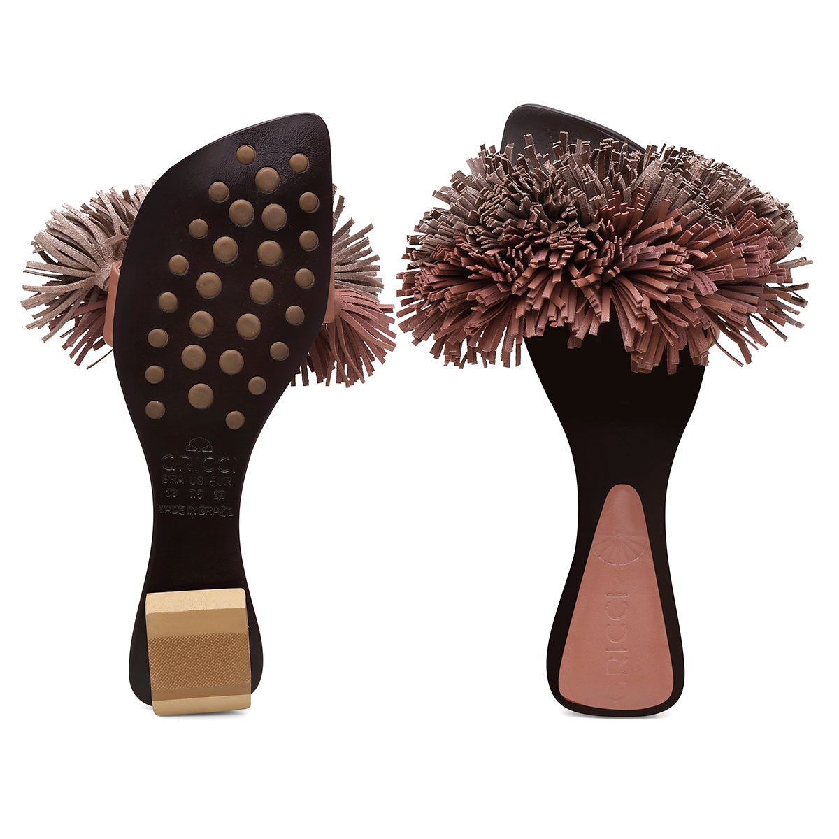 Rasteira Pompom Franjas Rosé Antigo