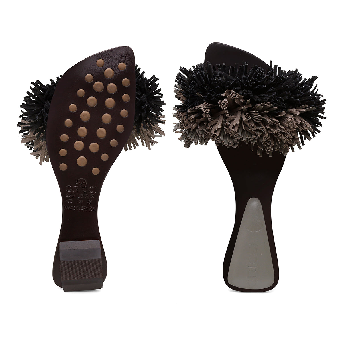 Rasteira Pompom Franjas Preto e Cinza