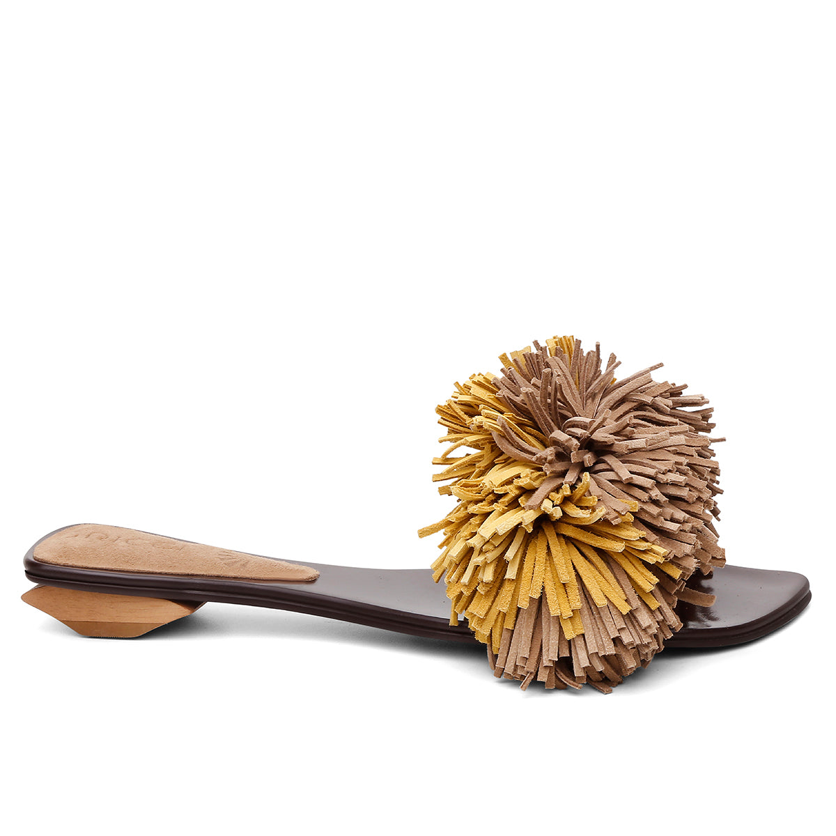Rasteira Pompom Franjas Mostarda