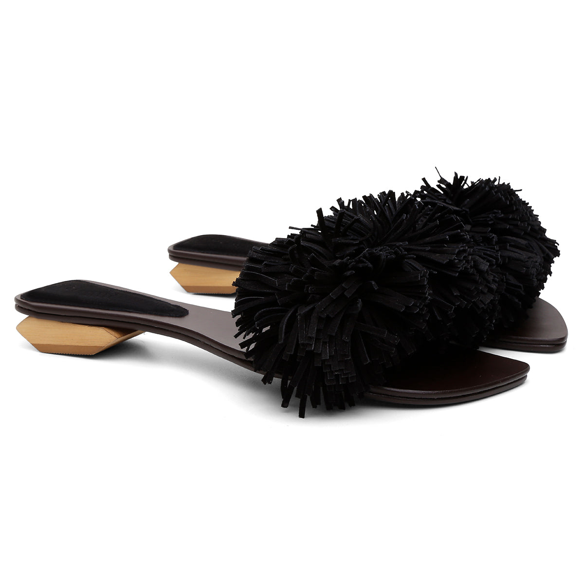 Rasteira Pompom Franjas Preto